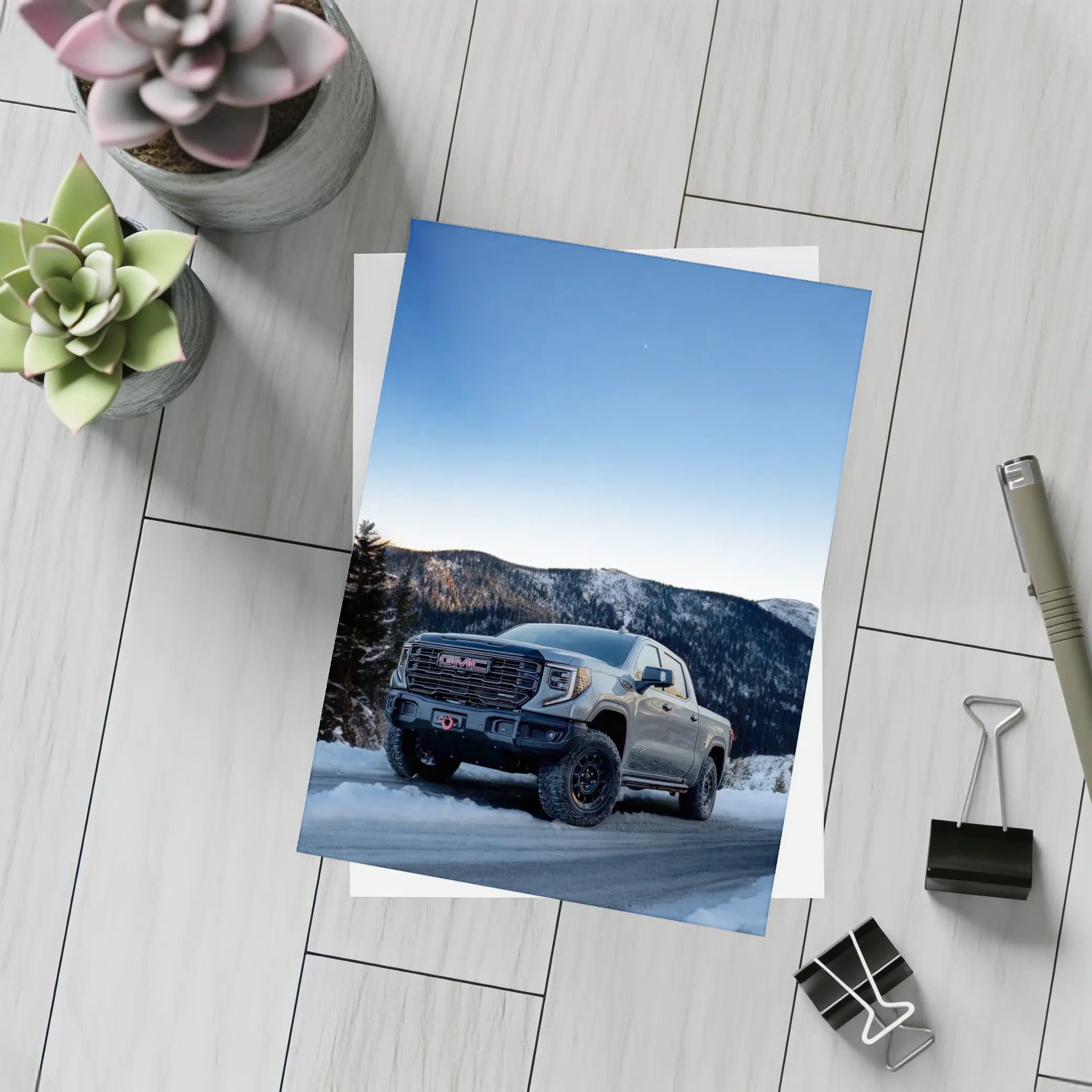 GMC Sierra Truck Snowy Mountain Road – Postcards