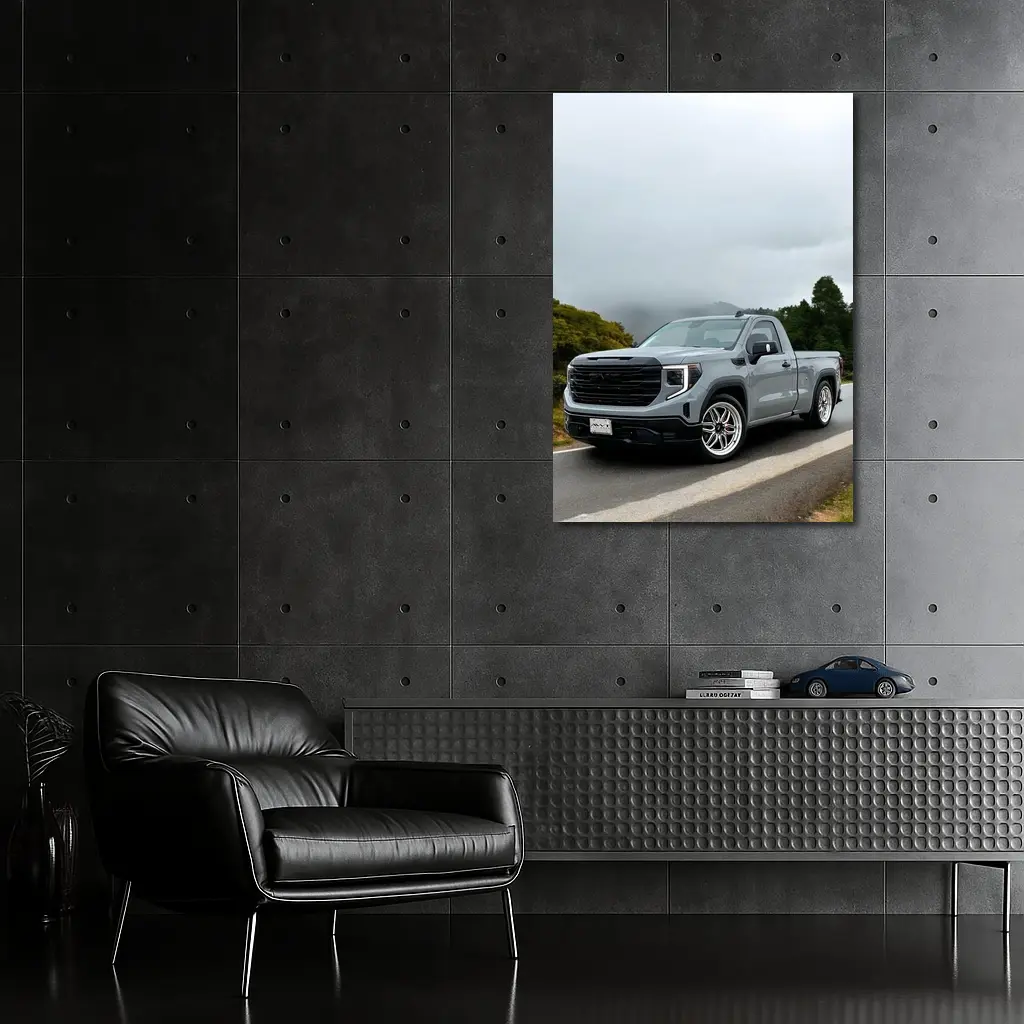 GMC Sierra Truck on Misty Mountain Road – Wall Art