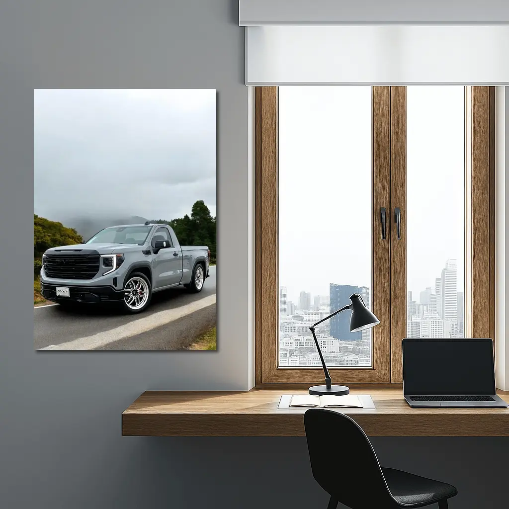 GMC Sierra Truck on Misty Mountain Road – Wall Art