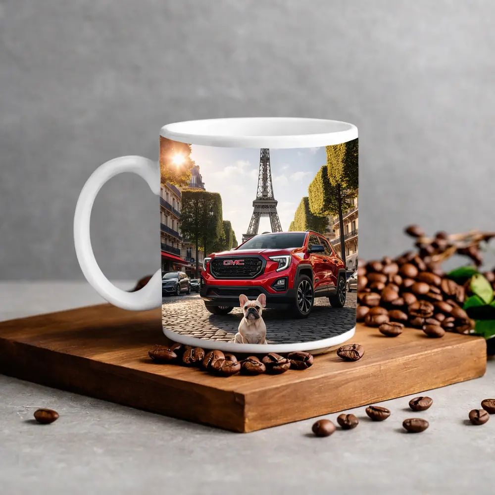 Red GMC Terrain French Bulldog Paris Street – Mugs