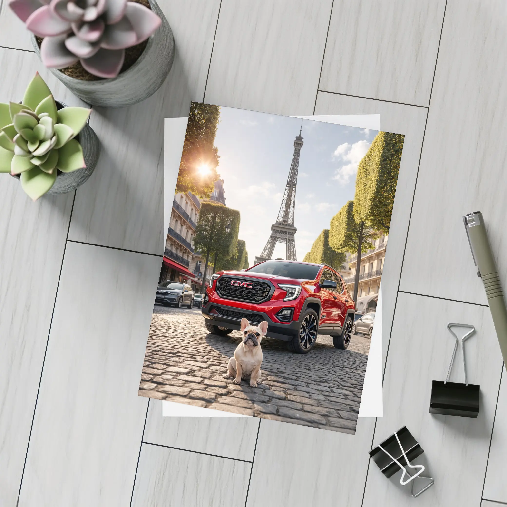 Red GMC Terrain French Bulldog Paris Street – Postcards