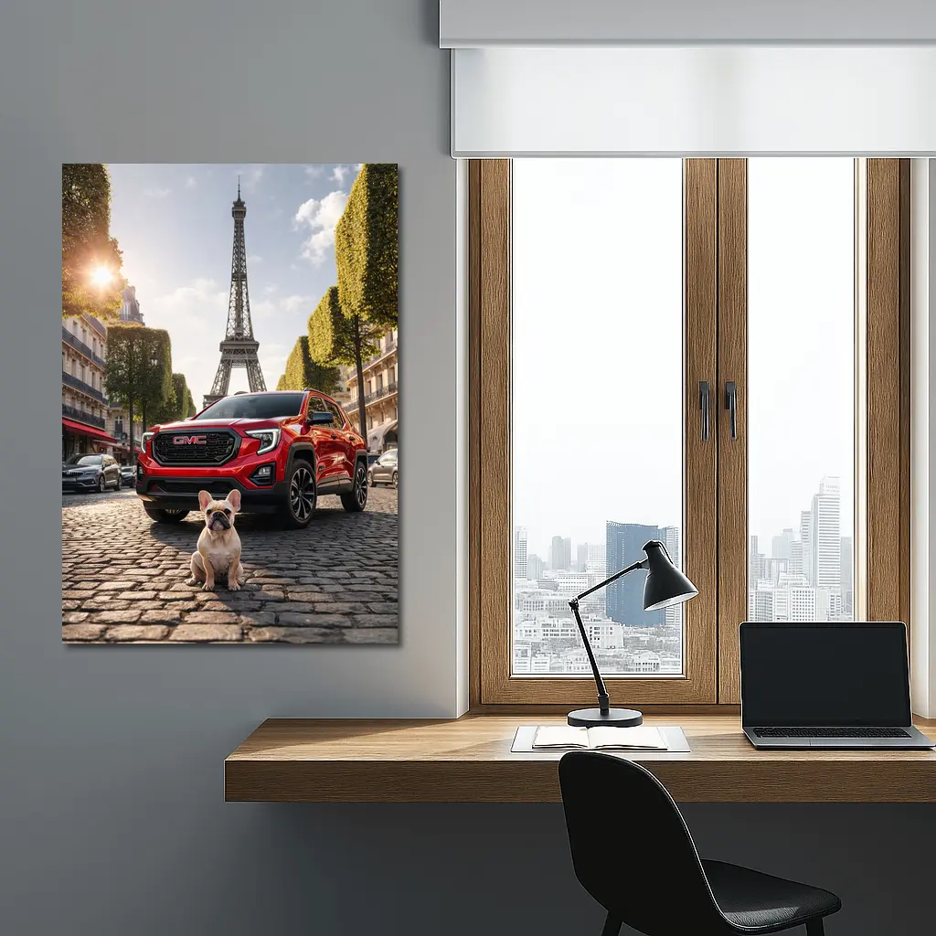 Red GMC Terrain French Bulldog Paris Street – Wall Art