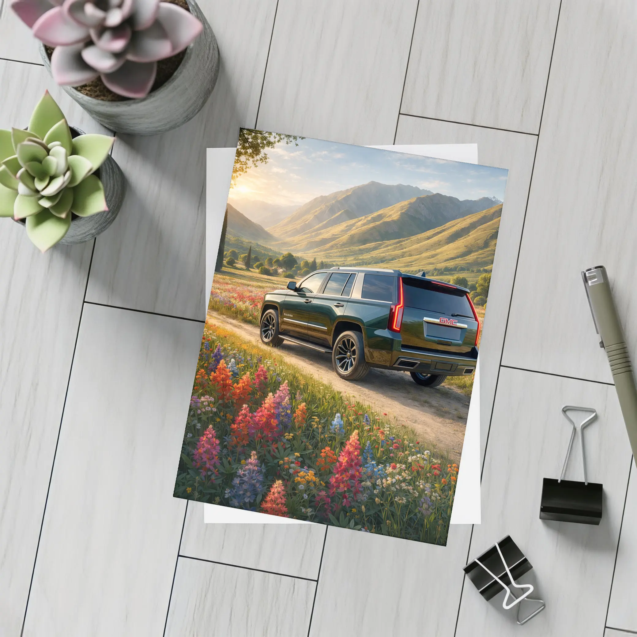 GMC Yukon Dark Green Mountain Wildflower Setting – Postcards