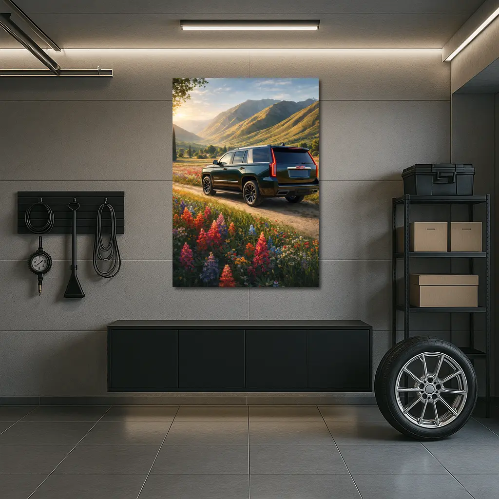 GMC Yukon Dark Green Mountain Wildflower Setting – Wall Art