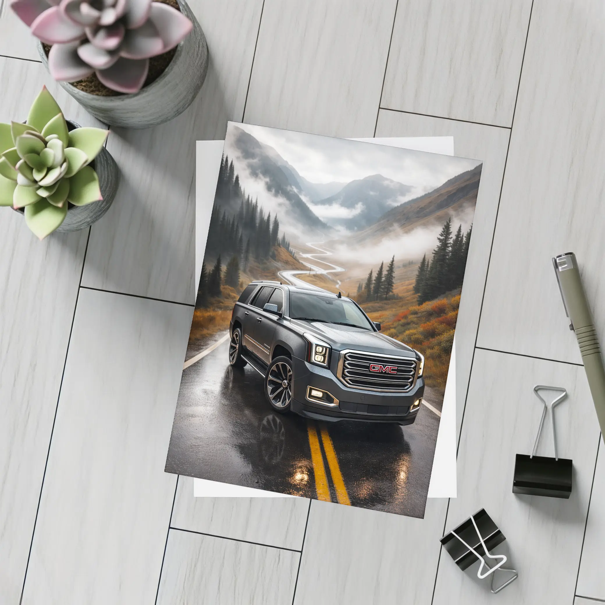 GMC Yukon Wet Mountain Road Foggy – Postcards