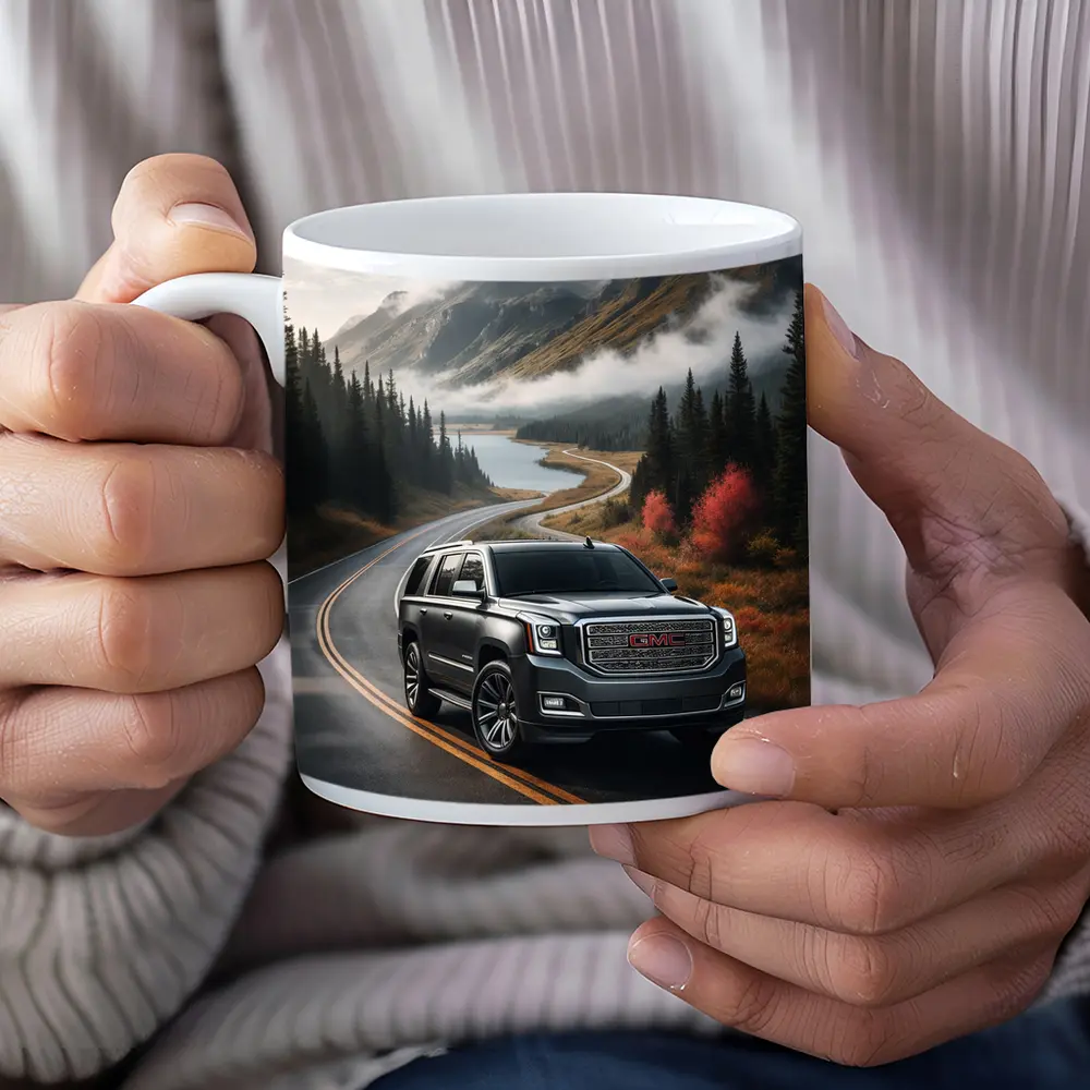 GMC Yukon SUV on Misty Mountain Road – Mugs