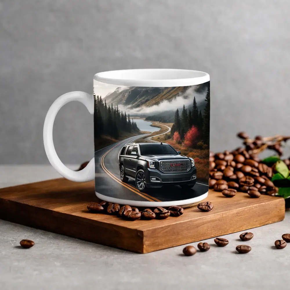 GMC Yukon SUV on Misty Mountain Road – Mugs