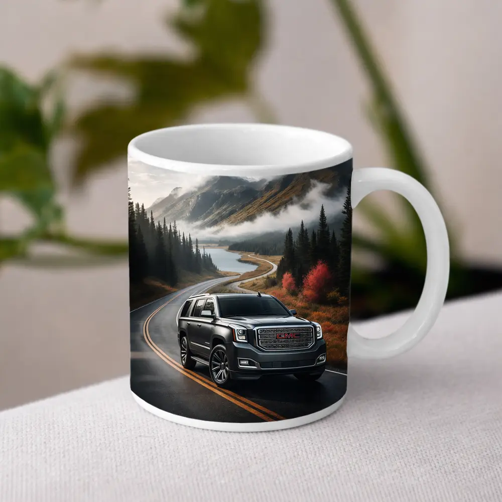 GMC Yukon SUV on Misty Mountain Road – Mugs