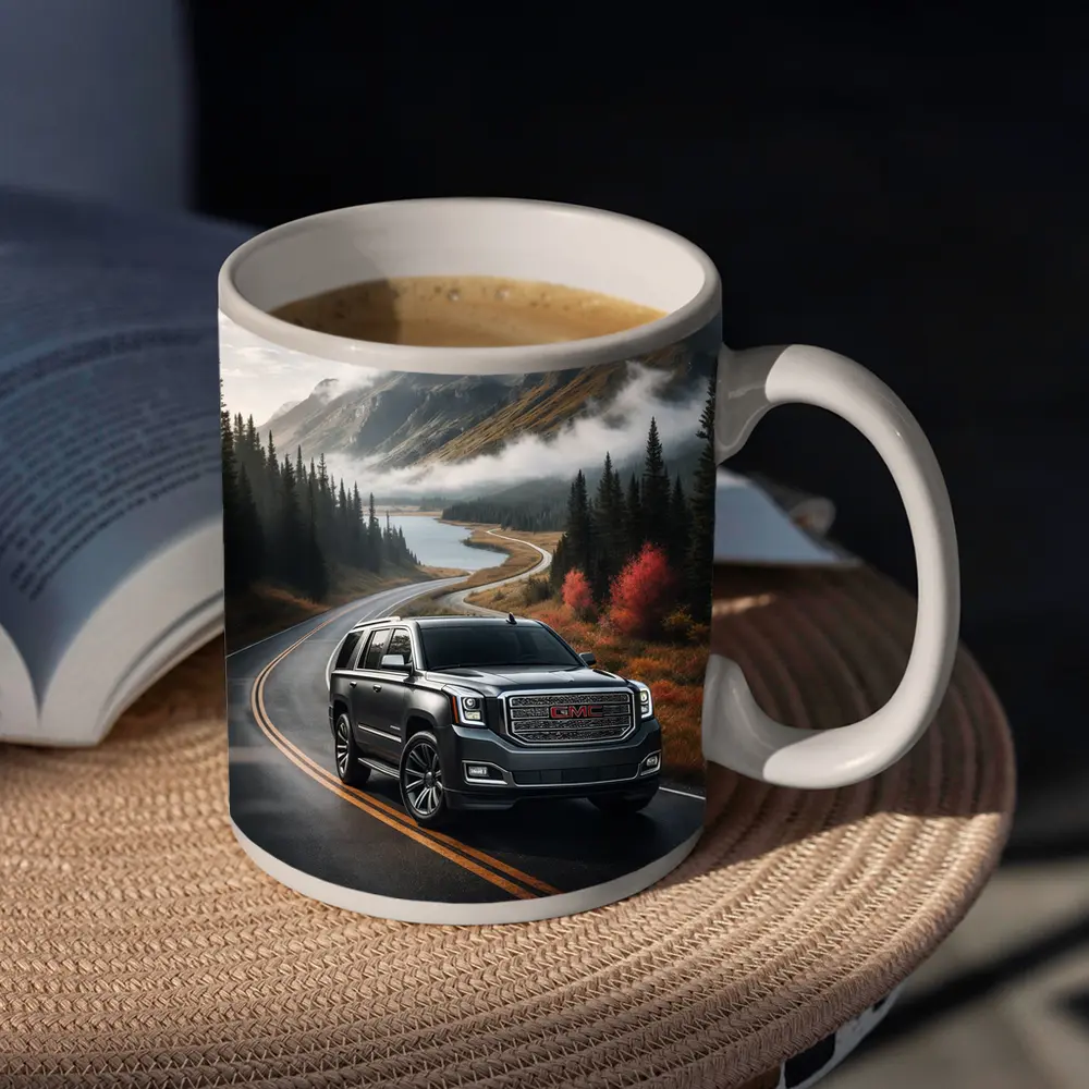 GMC Yukon SUV on Misty Mountain Road – Mugs