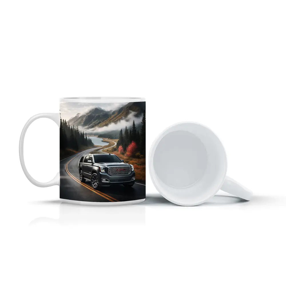 GMC Yukon SUV on Misty Mountain Road – Mugs