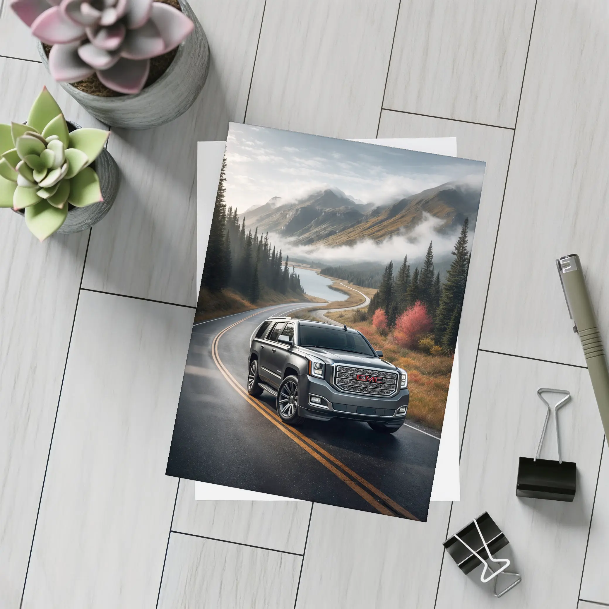 GMC Yukon SUV on Misty Mountain Road – Postcards