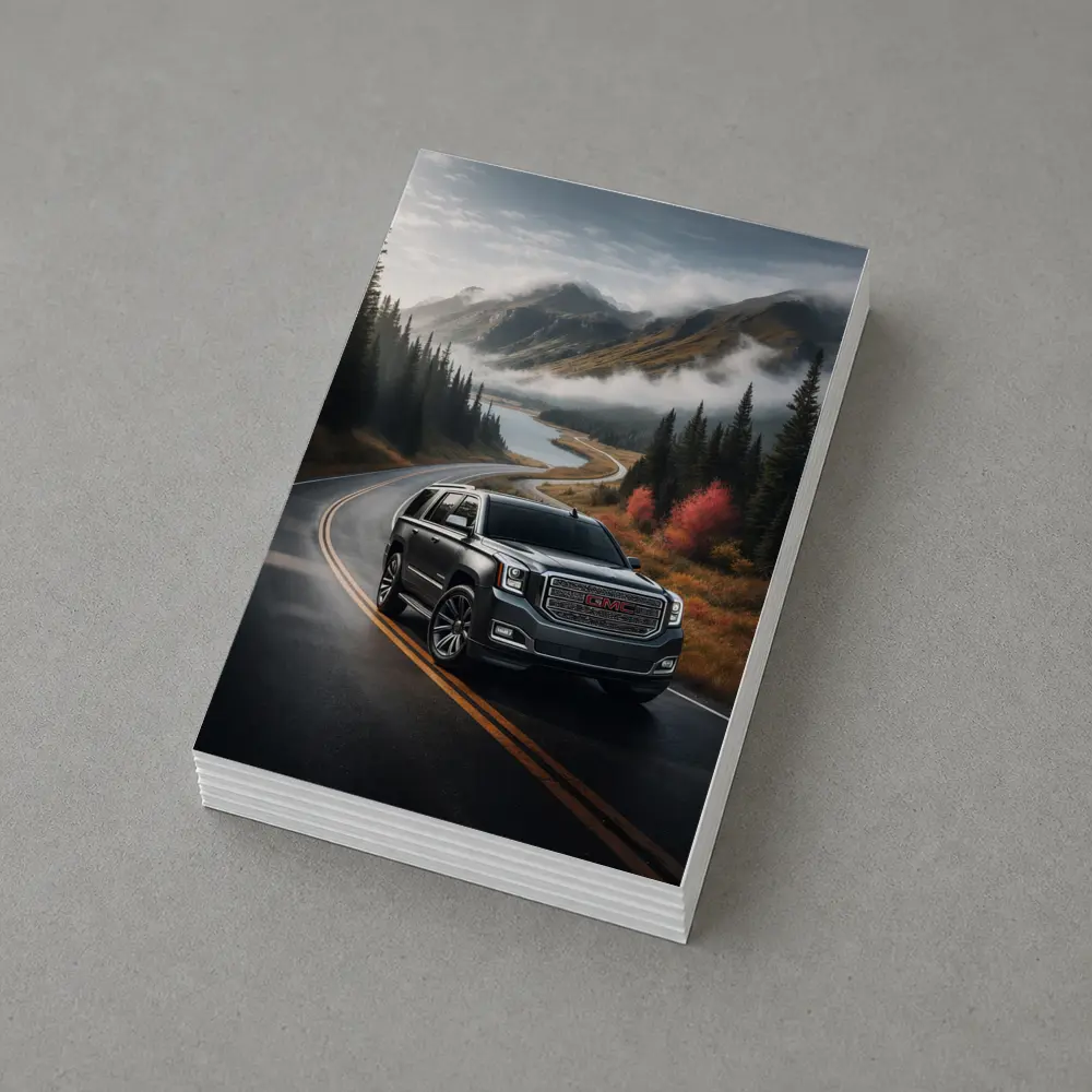 GMC Yukon SUV on Misty Mountain Road – Postcards