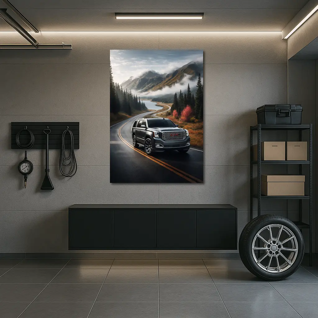 GMC Yukon SUV on Misty Mountain Road – Wall Art