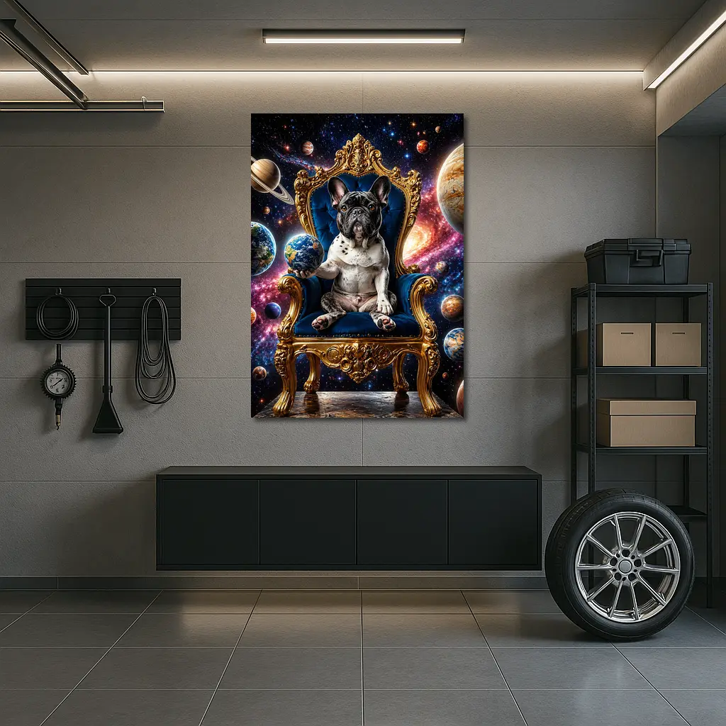 French Bulldog King on Cosmic Space Throne – Wall Art