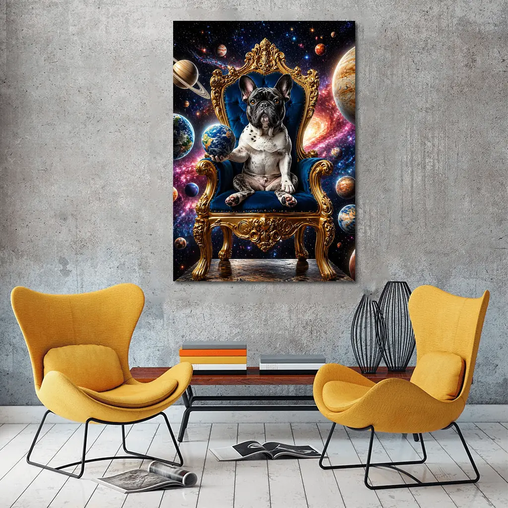 French Bulldog King on Cosmic Space Throne – Wall Art