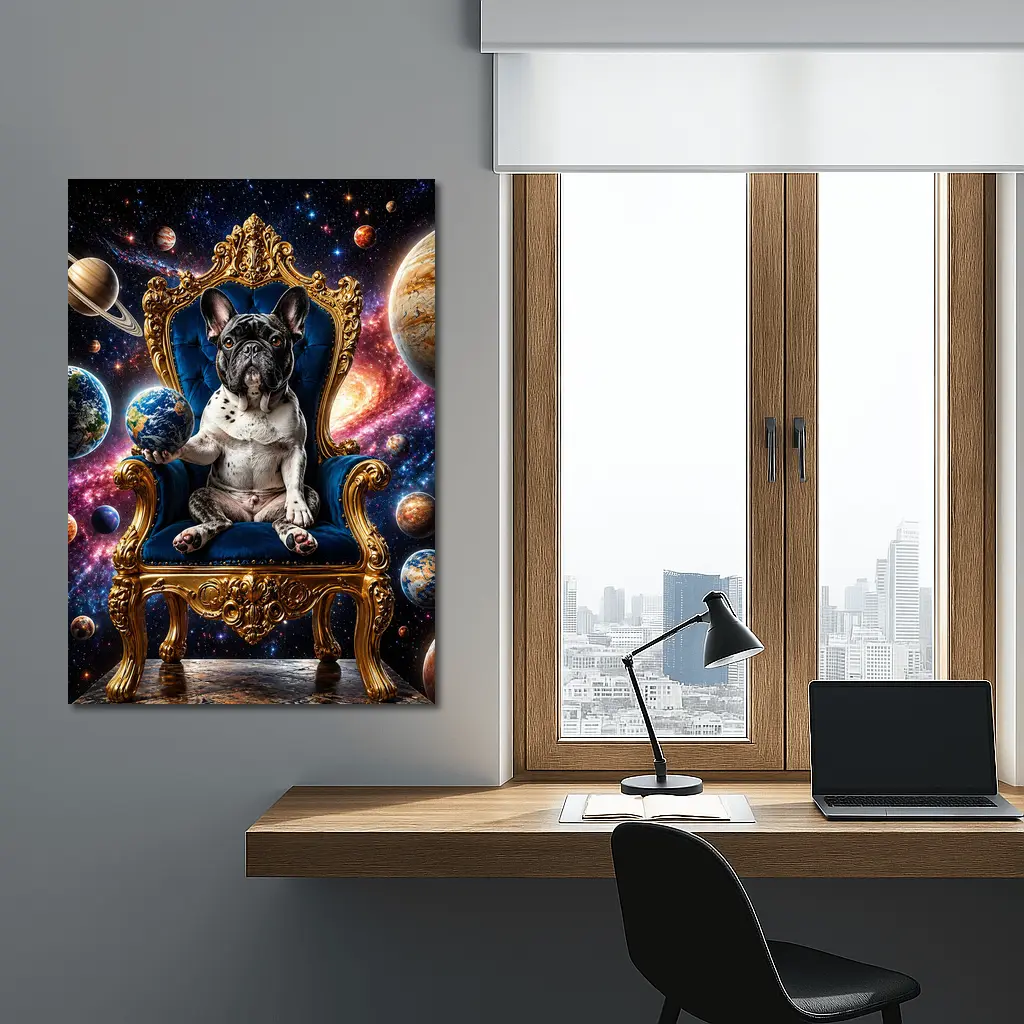 French Bulldog King on Cosmic Space Throne – Wall Art