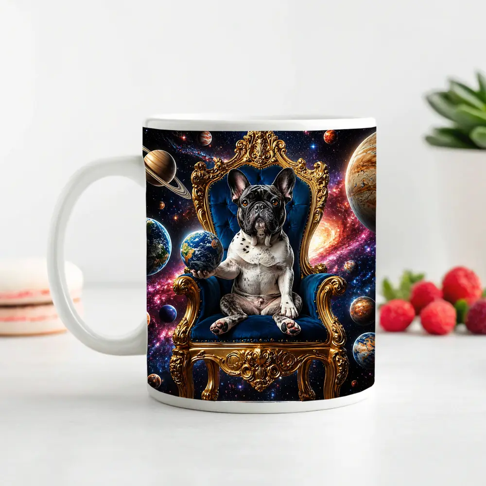 French Bulldog King on Cosmic Space Throne – Mugs