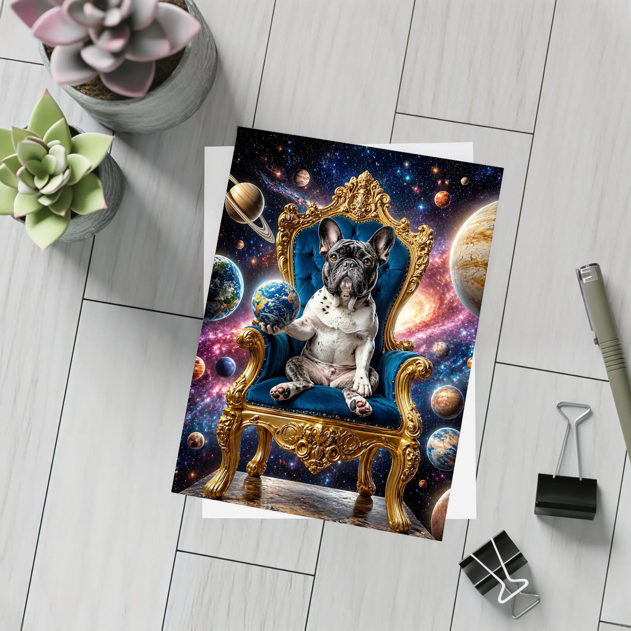 French Bulldog King on Cosmic Space Throne – Postcards