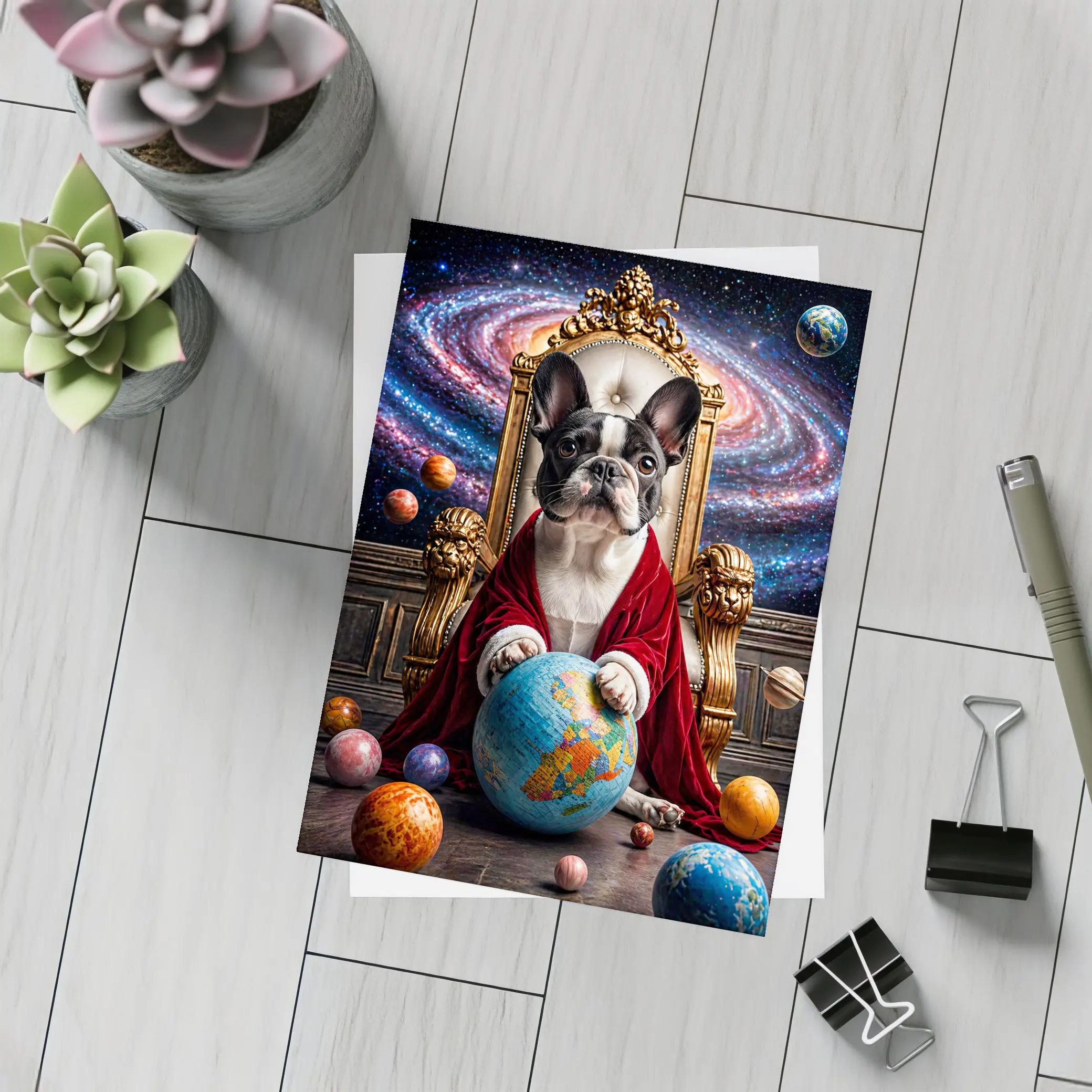 French Bulldog Ruler Seated Galaxy Space Throne – Postcards