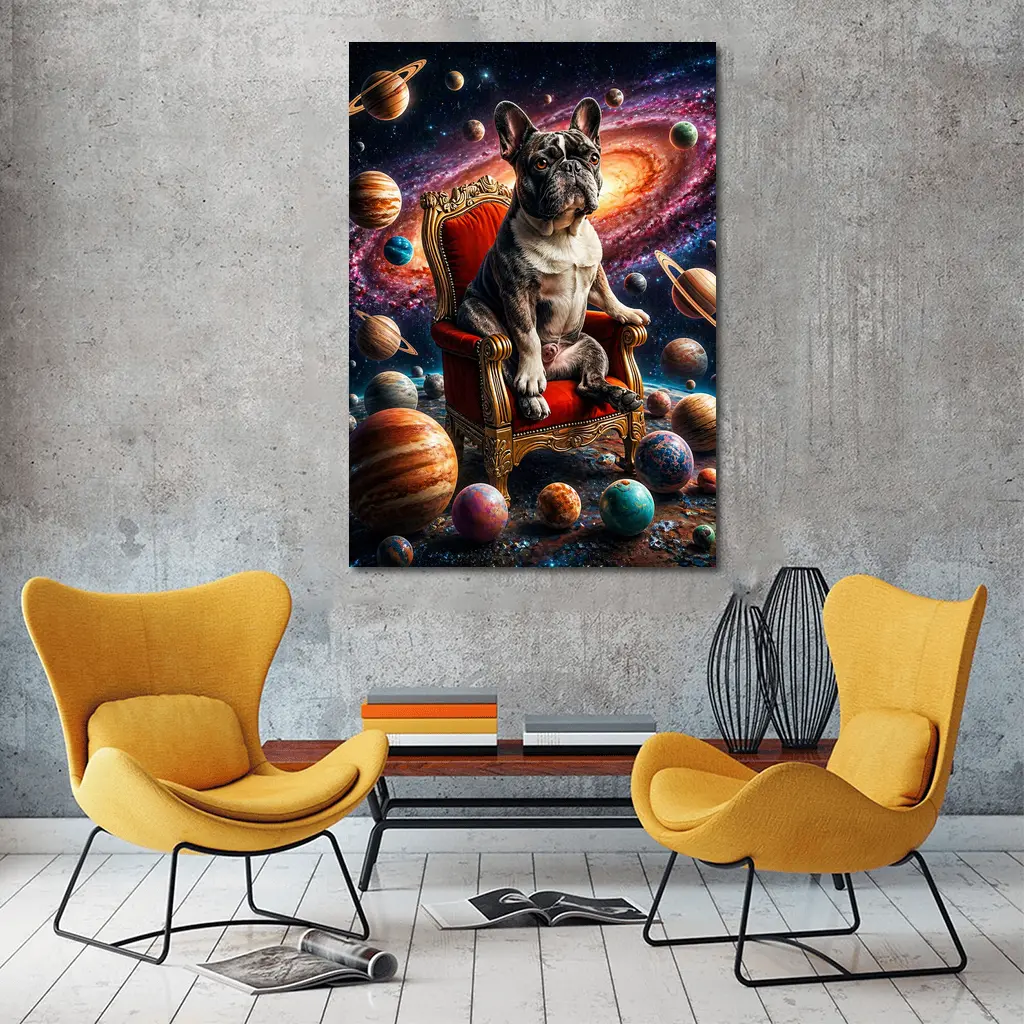 French Bulldog King Sitting In Cosmic Space – Wall Art