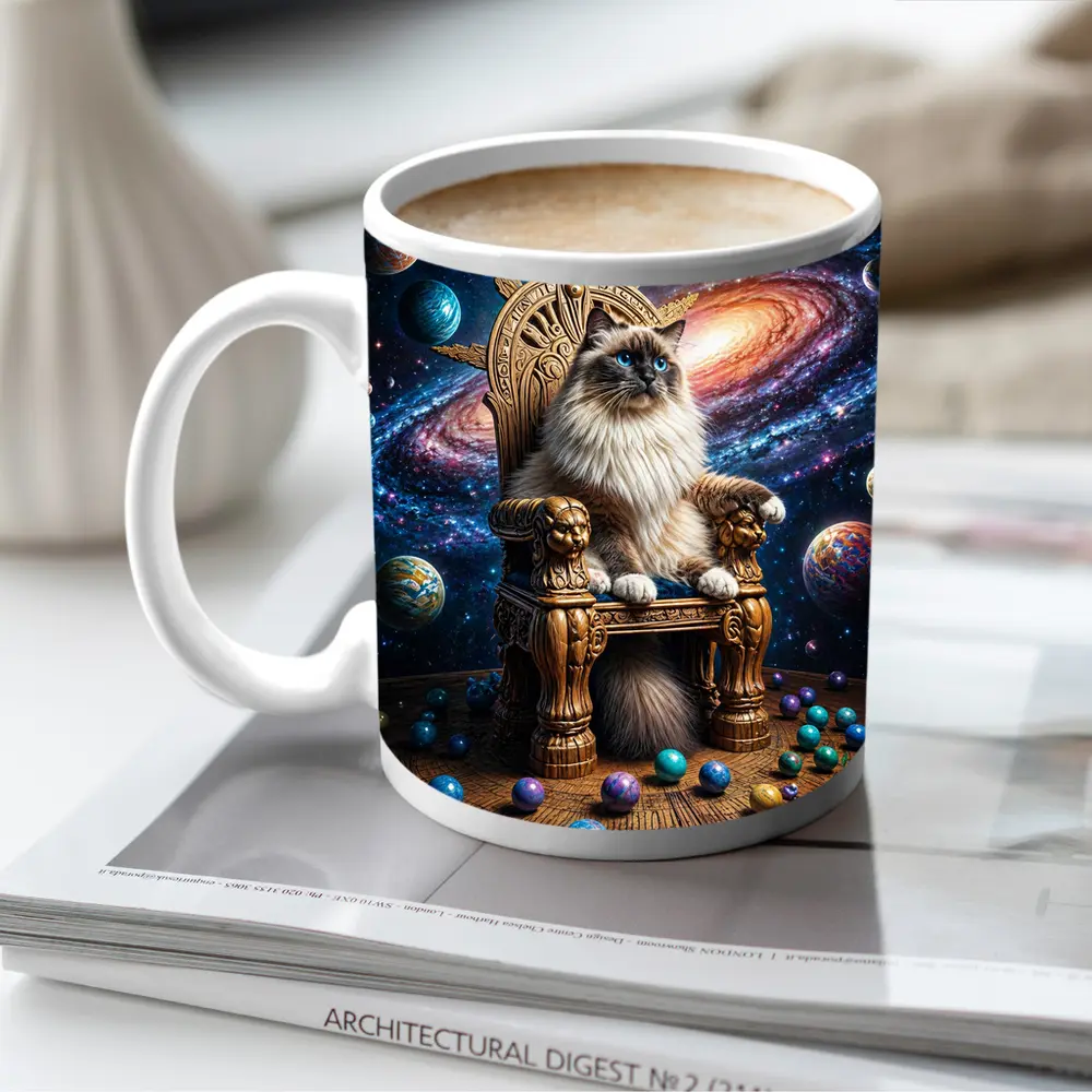 Ragdoll Cat Seated on Galaxy Throne – Mugs