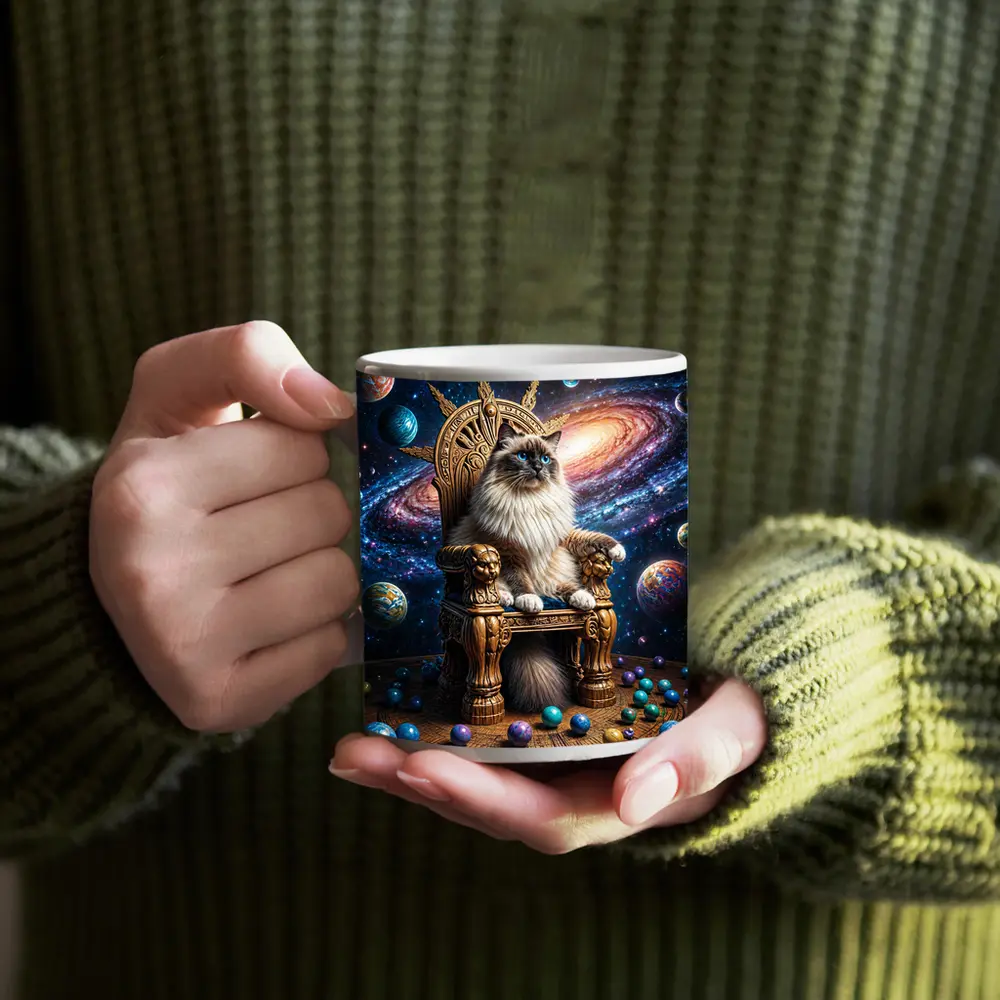 Ragdoll Cat Seated on Galaxy Throne – Mugs