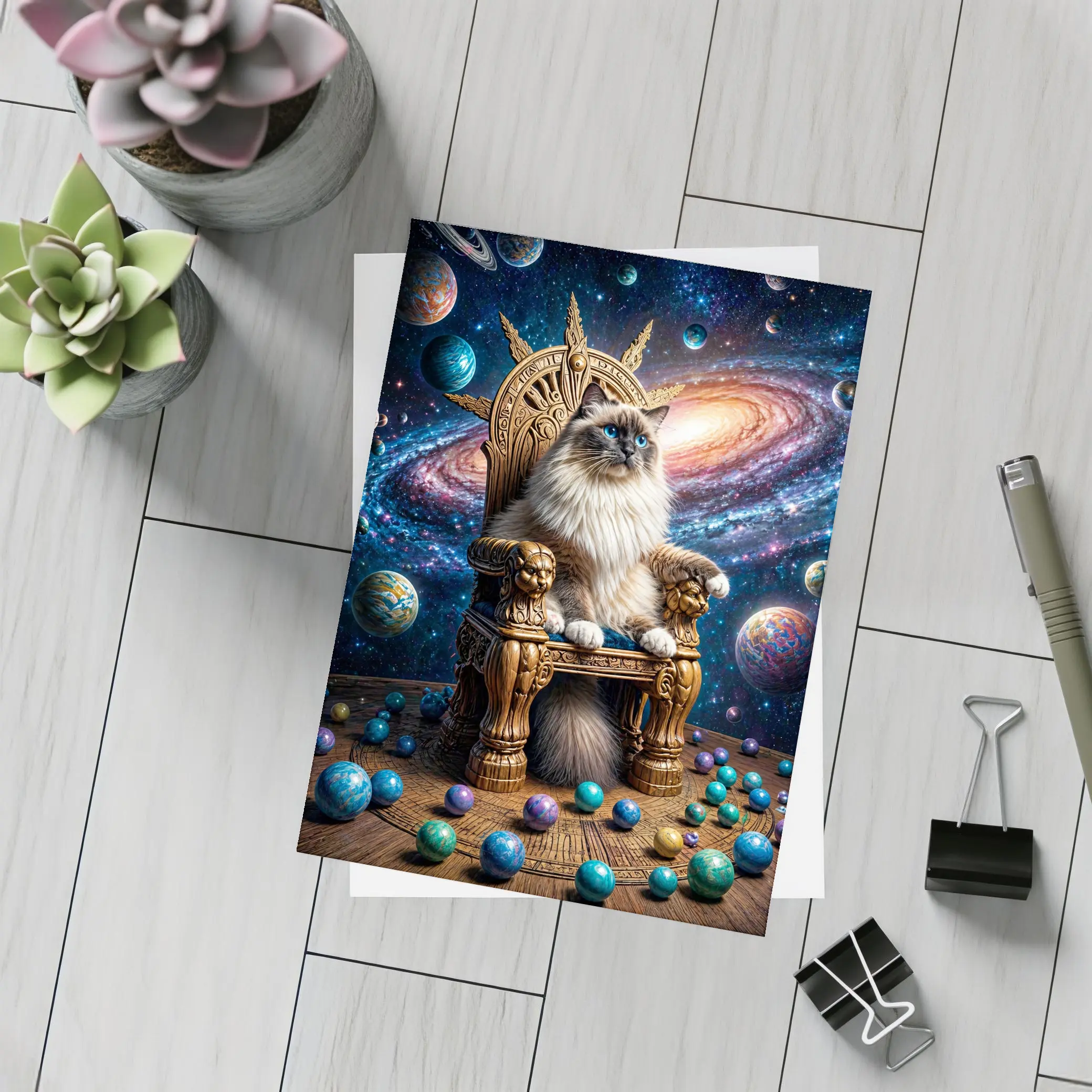 Ragdoll Cat Seated on Galaxy Throne – Postcards