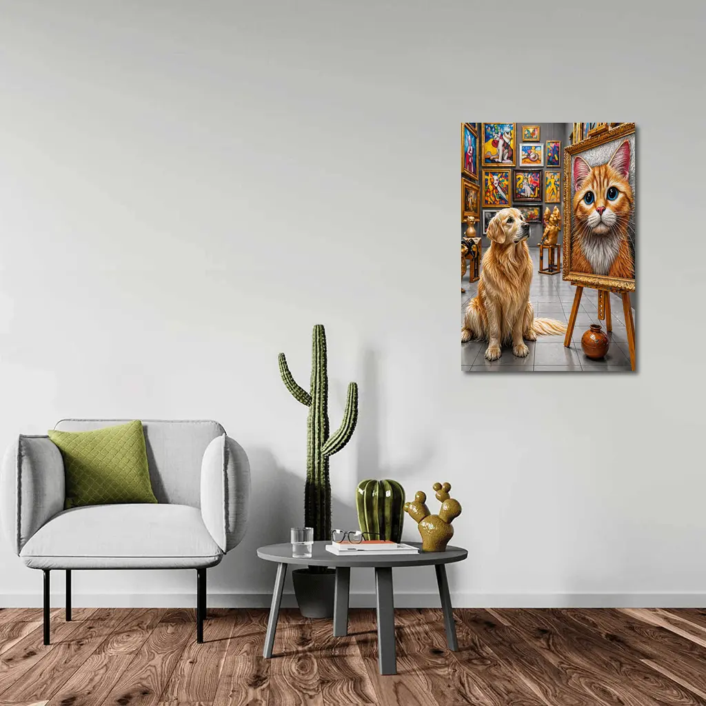 Golden Retriever Admires Cat Painting Art Gallery – Wall Art