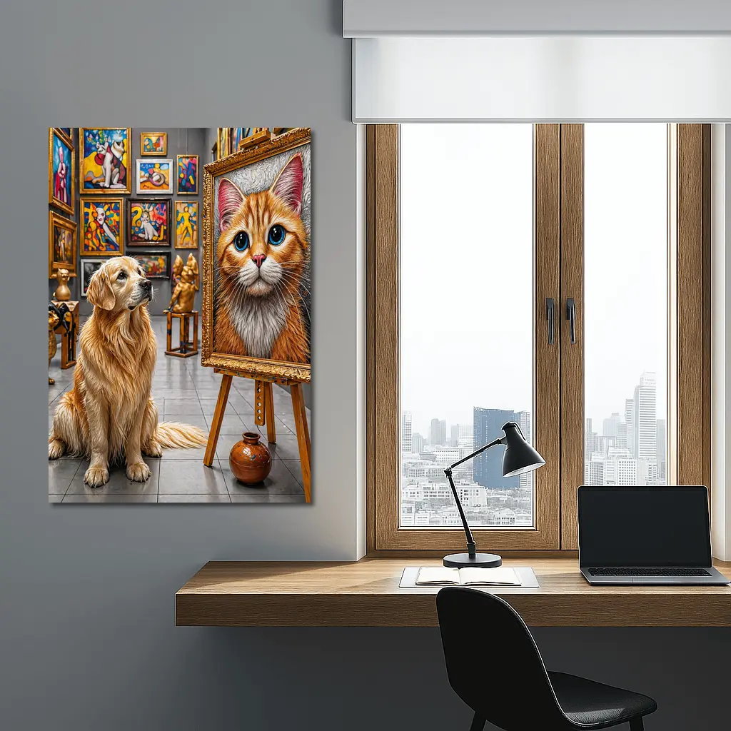 Golden Retriever Admires Cat Painting Art Gallery – Wall Art