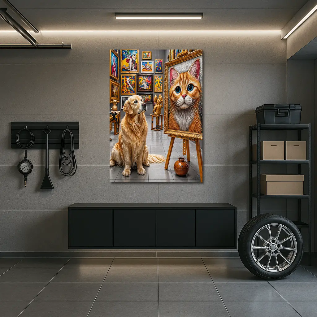 Golden Retriever Admires Cat Painting Art Gallery – Wall Art