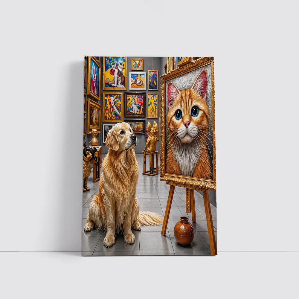 Golden Retriever Admires Cat Painting Art Gallery – Wall Art