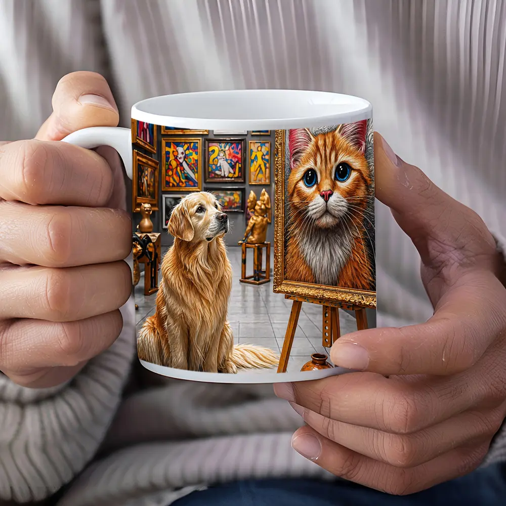 Golden Retriever Admires Cat Painting Art Gallery – Mugs