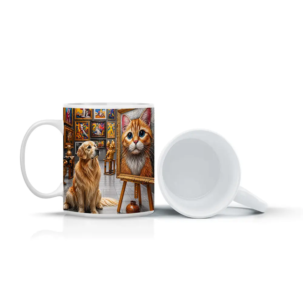 Golden Retriever Admires Cat Painting Art Gallery – Mugs