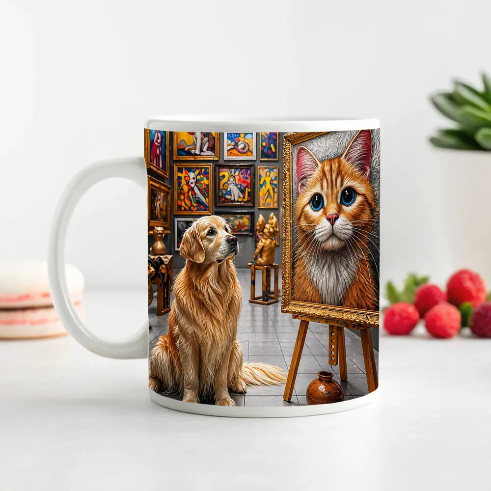 Golden Retriever Admires Cat Painting Art Gallery – Mugs