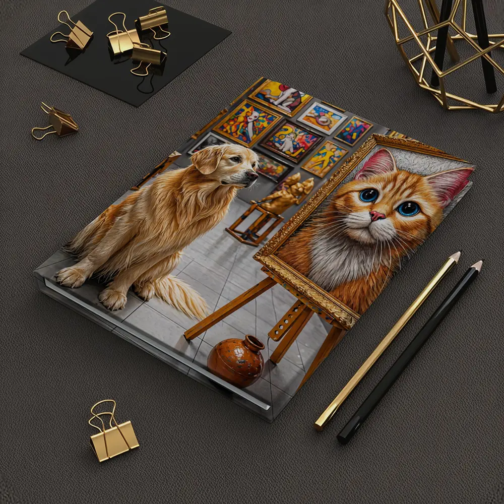 Golden Retriever Admires Cat Painting Art Gallery – Notebooks