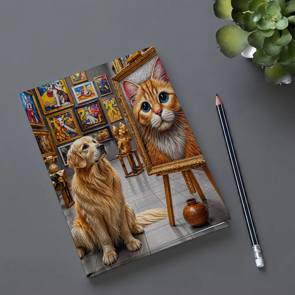 Golden Retriever Admires Cat Painting Art Gallery – Notebooks