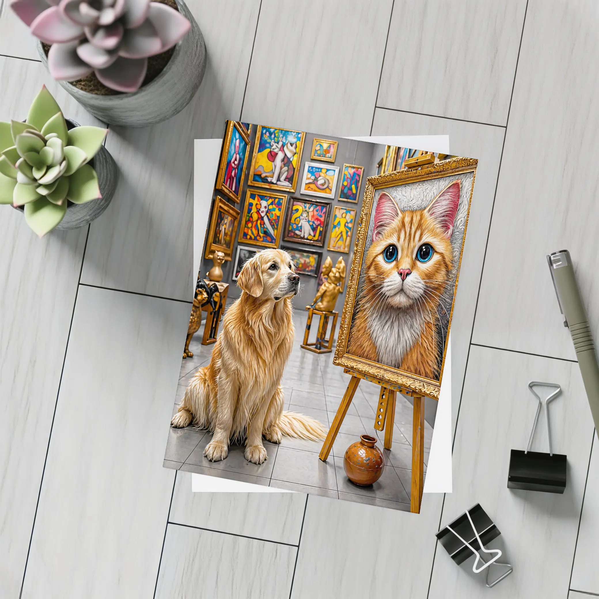 Golden Retriever Admires Cat Painting Art Gallery – Postcards
