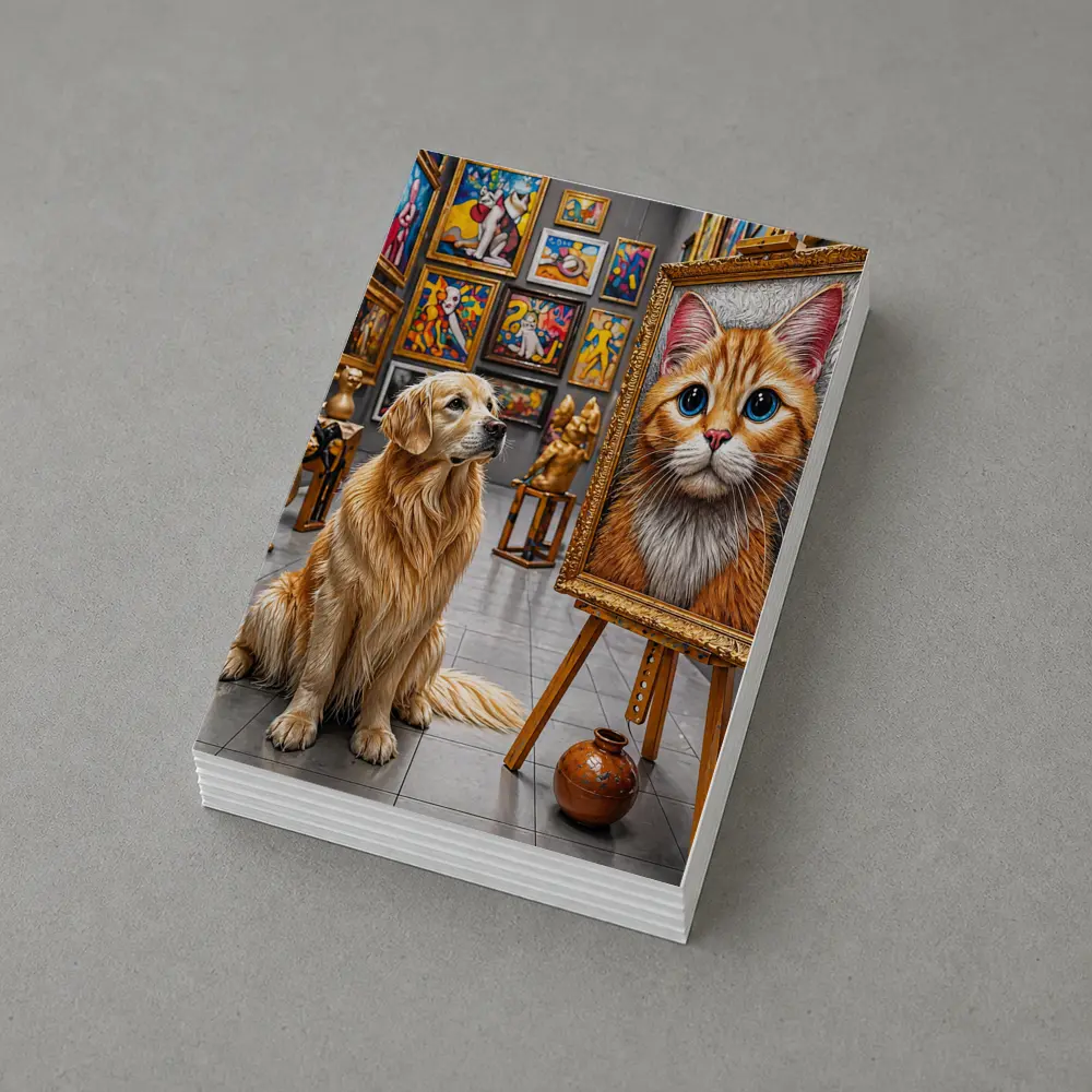 Golden Retriever Admires Cat Painting Art Gallery – Postcards