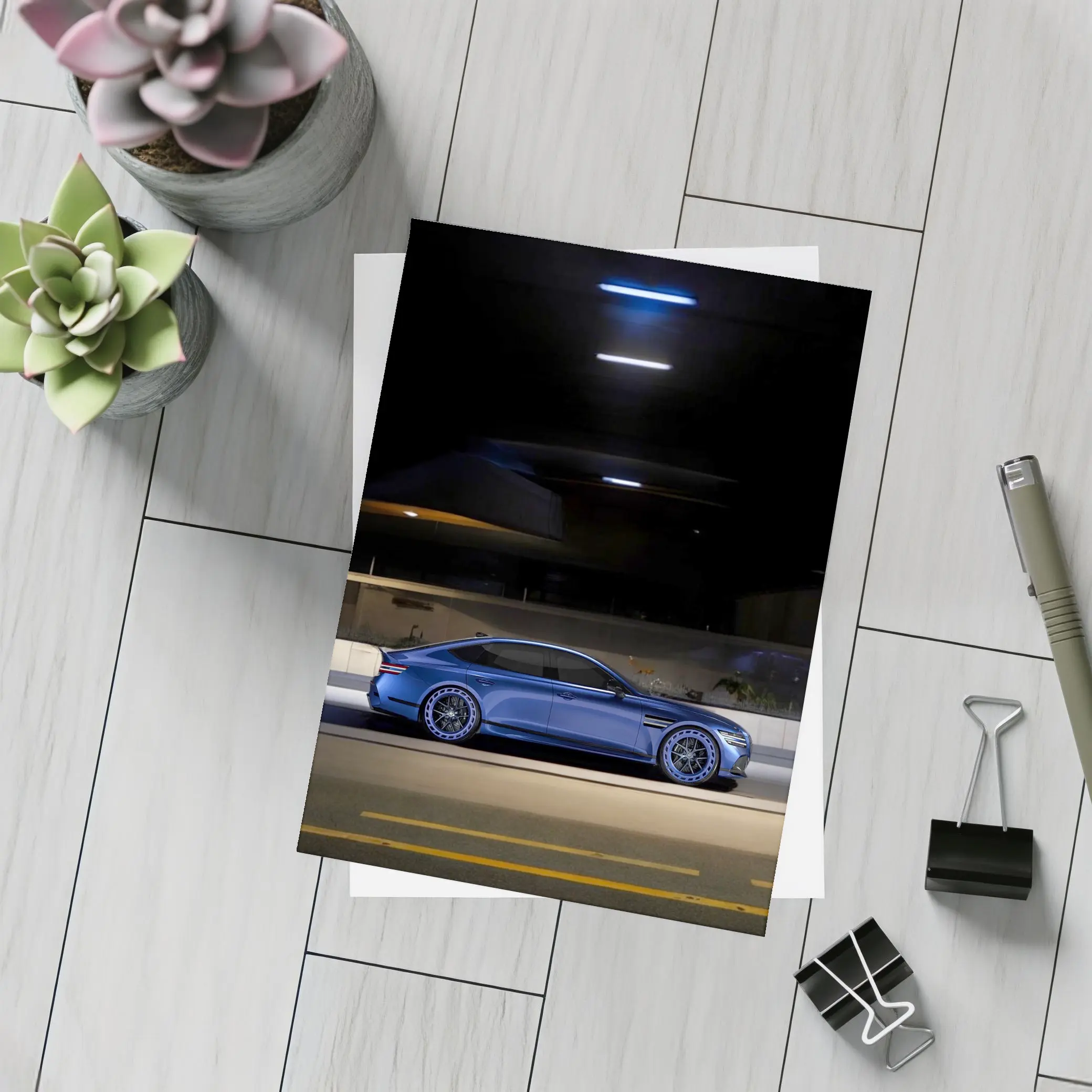 Genesis G80 Blue Sedan Night Street – Postcards