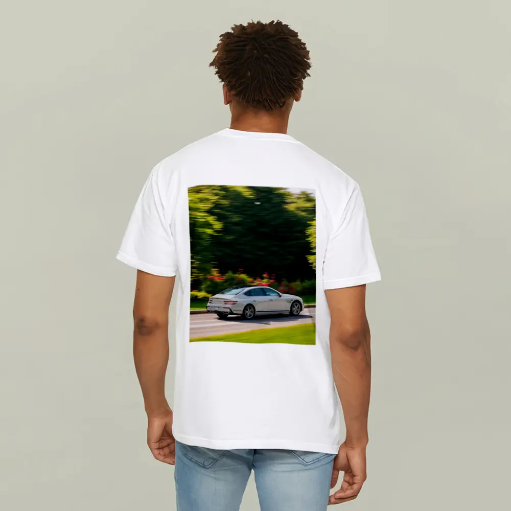 Genesis G80 Sedan Speeding Through Green Park – T-Shirts