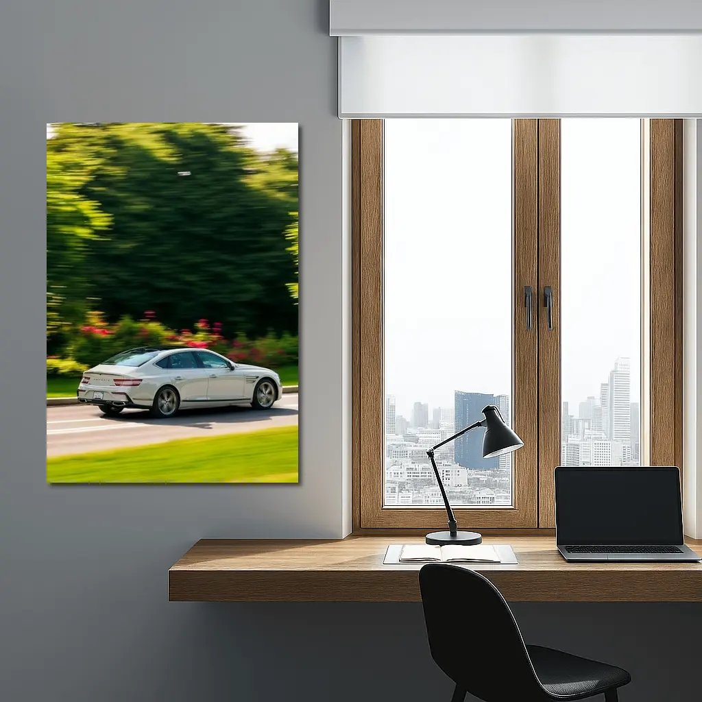 Genesis G80 Sedan Speeding Through Green Park – Wall Art