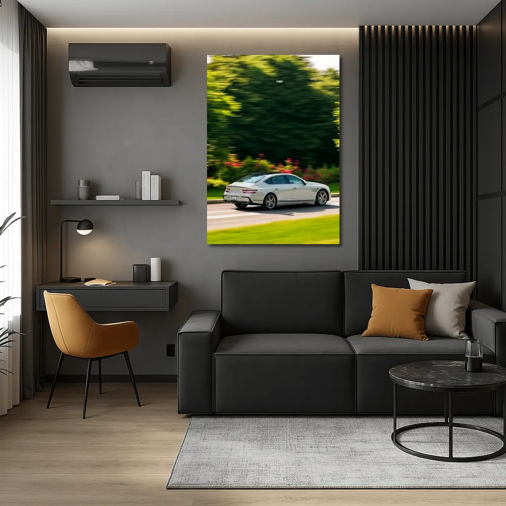 Genesis G80 Sedan Speeding Through Green Park – Wall Art