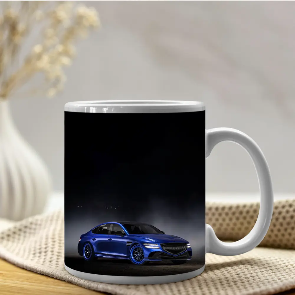 Genesis G80 Blue Sedan Dark Moody Background – Mugs