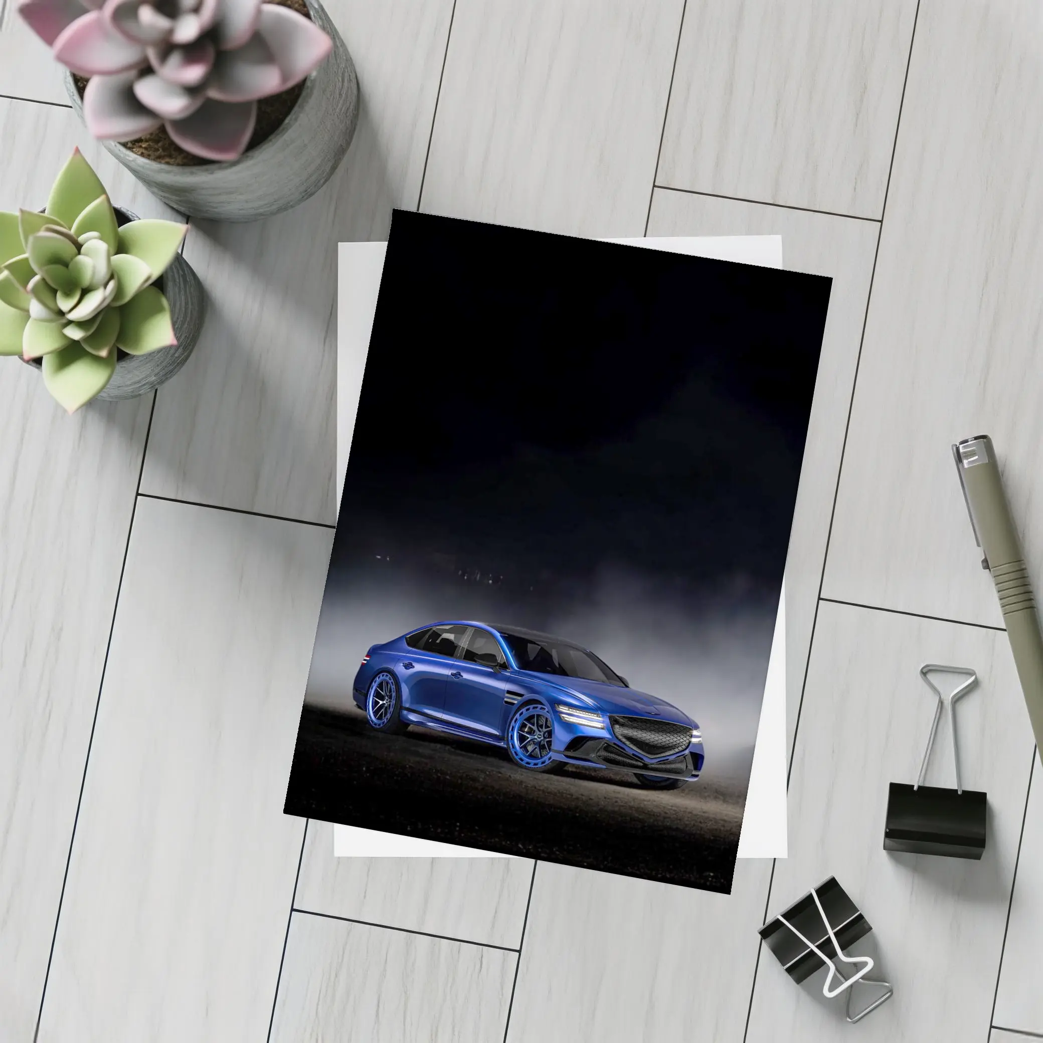 Genesis G80 Blue Sedan Dark Moody Background – Postcards