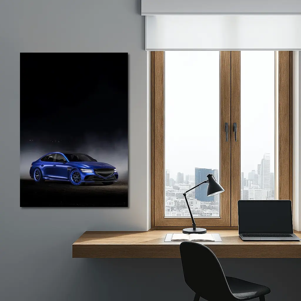 Genesis G80 Blue Sedan Dark Moody Background – Wall Art