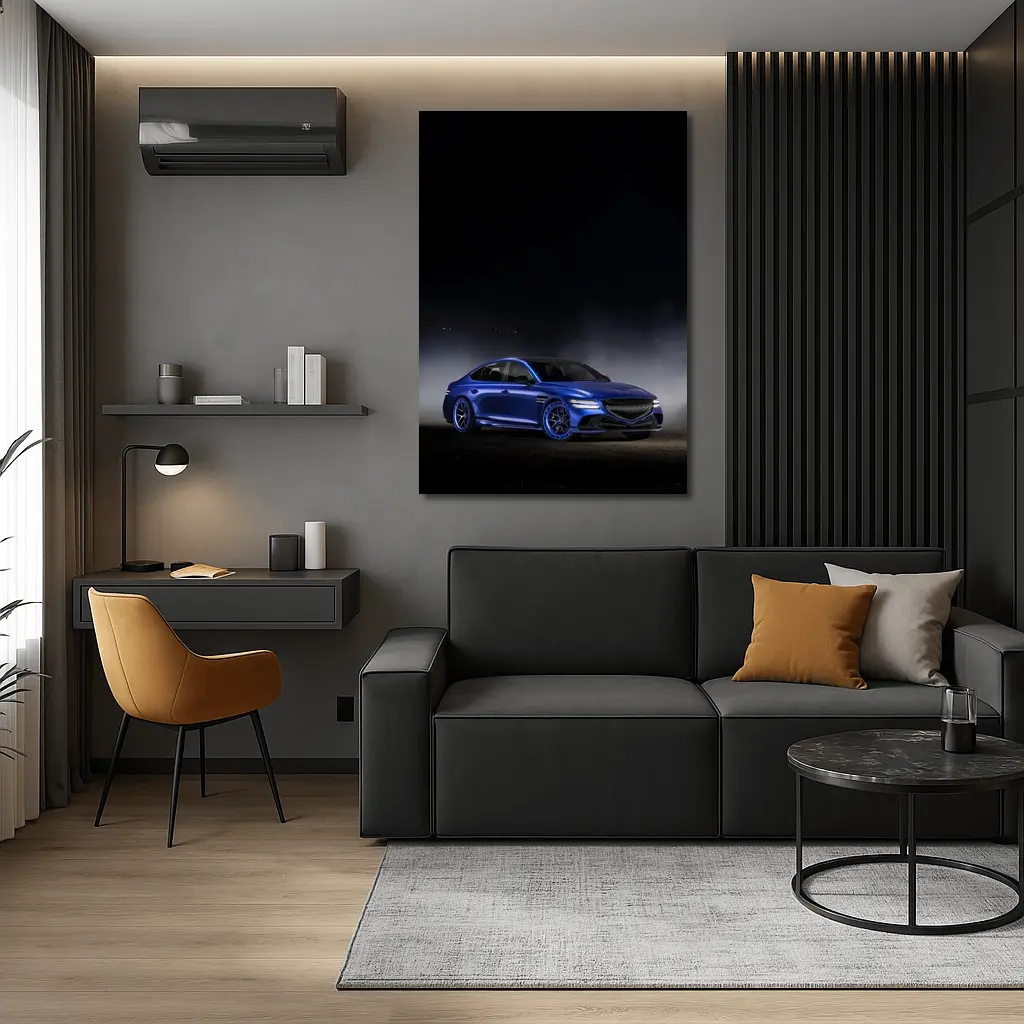 Genesis G80 Blue Sedan Dark Moody Background – Wall Art
