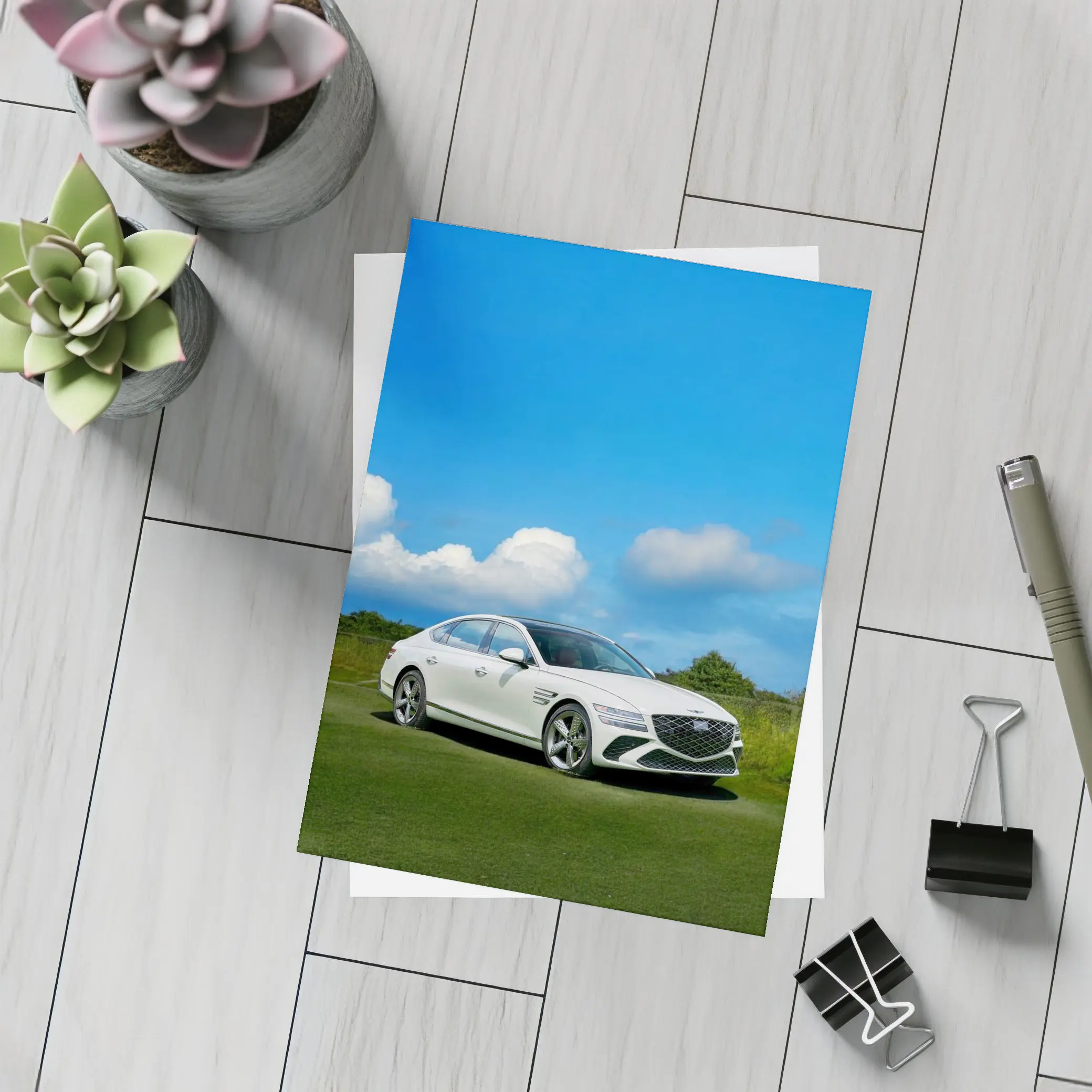 Genesis G80 White Sedan Blue Sky – Postcards