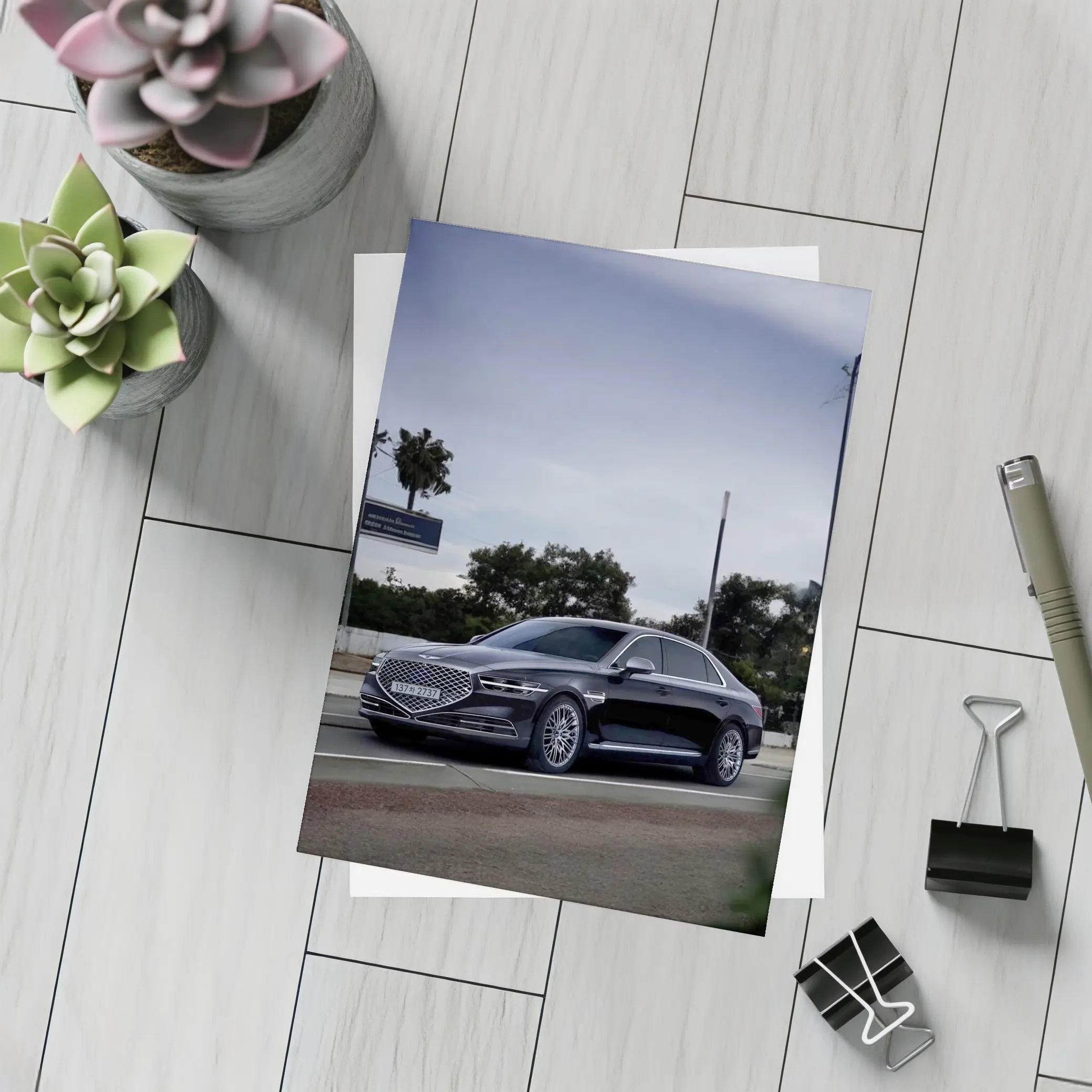 Genesis G90 Luxury Sedan on City Street – Postcards