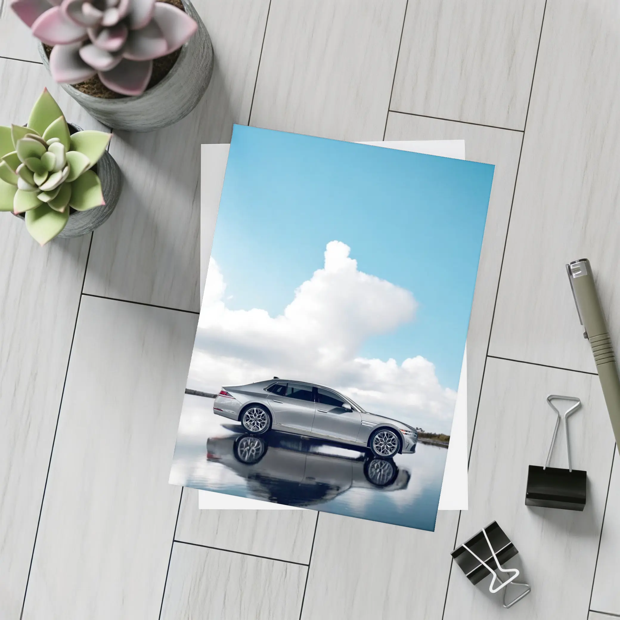 Genesis G90 Silver Sedan Cloudy Sky Reflection – Postcards