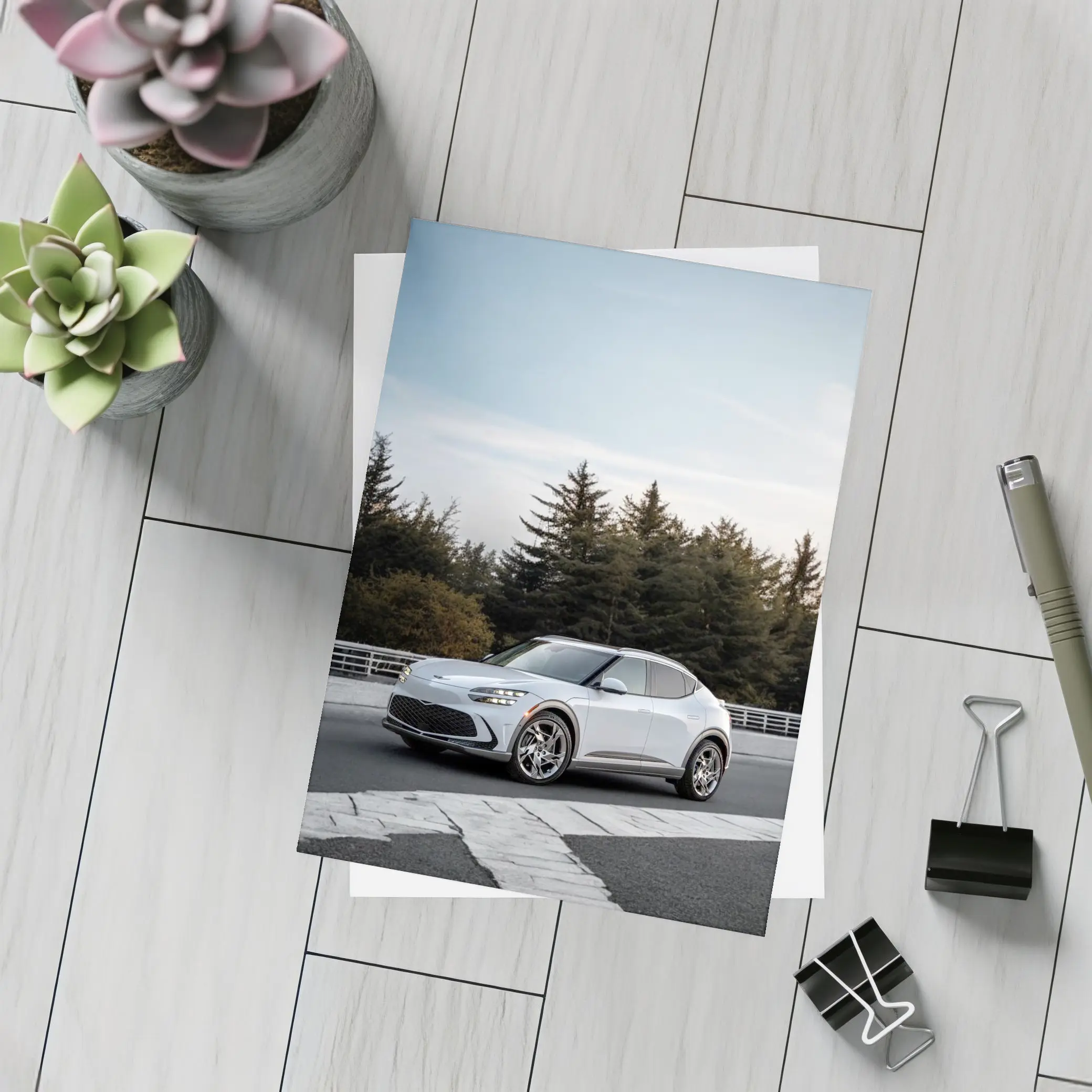 Genesis GV60 Silver SUV Forest Background – Postcards